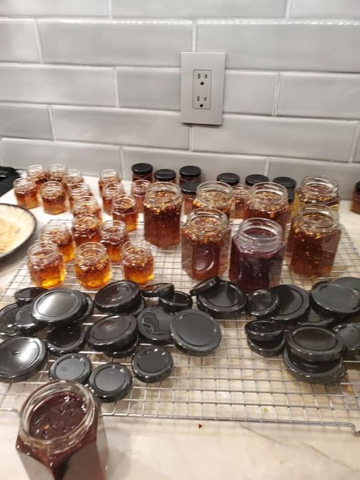 Freshly filled jars cooling on racks with their lids