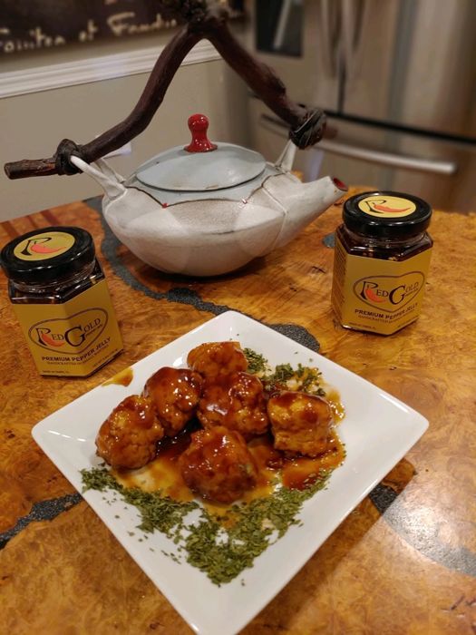 Chicken meatballs in a glossy RedGold and barbecue sauce